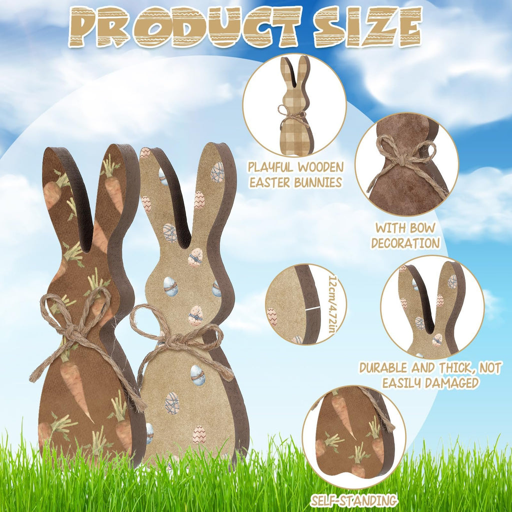 Two wooden Easter bunny decorations with carrot and egg patterns, shown outdoors with grass and sky.