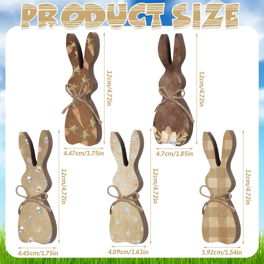 Five wooden Easter bunny table decor signs with various patterns and twine bows, showing dimensions.