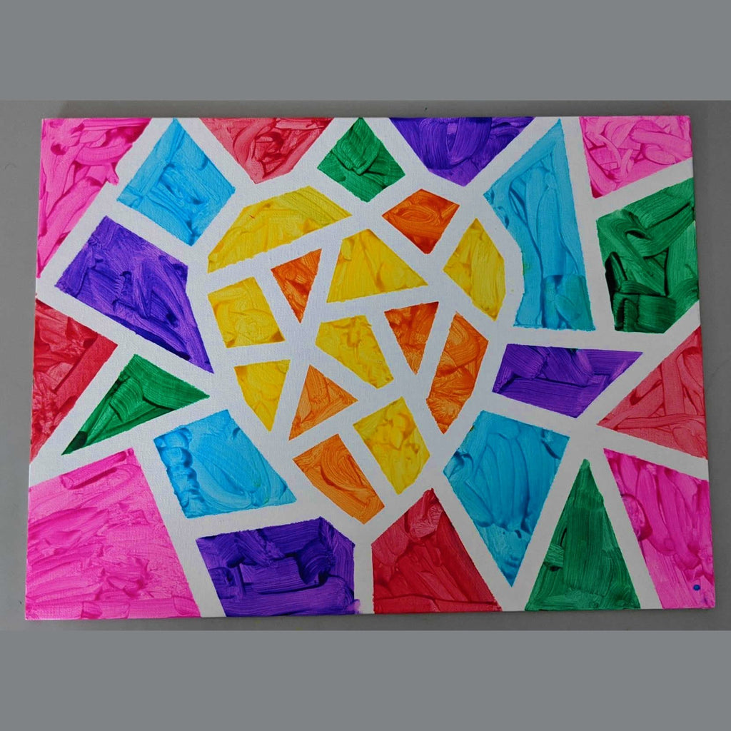 Abstract stained glass art with white tape dividers and colorful paint fill in pink, blue, yellow, orange, purple, and green.