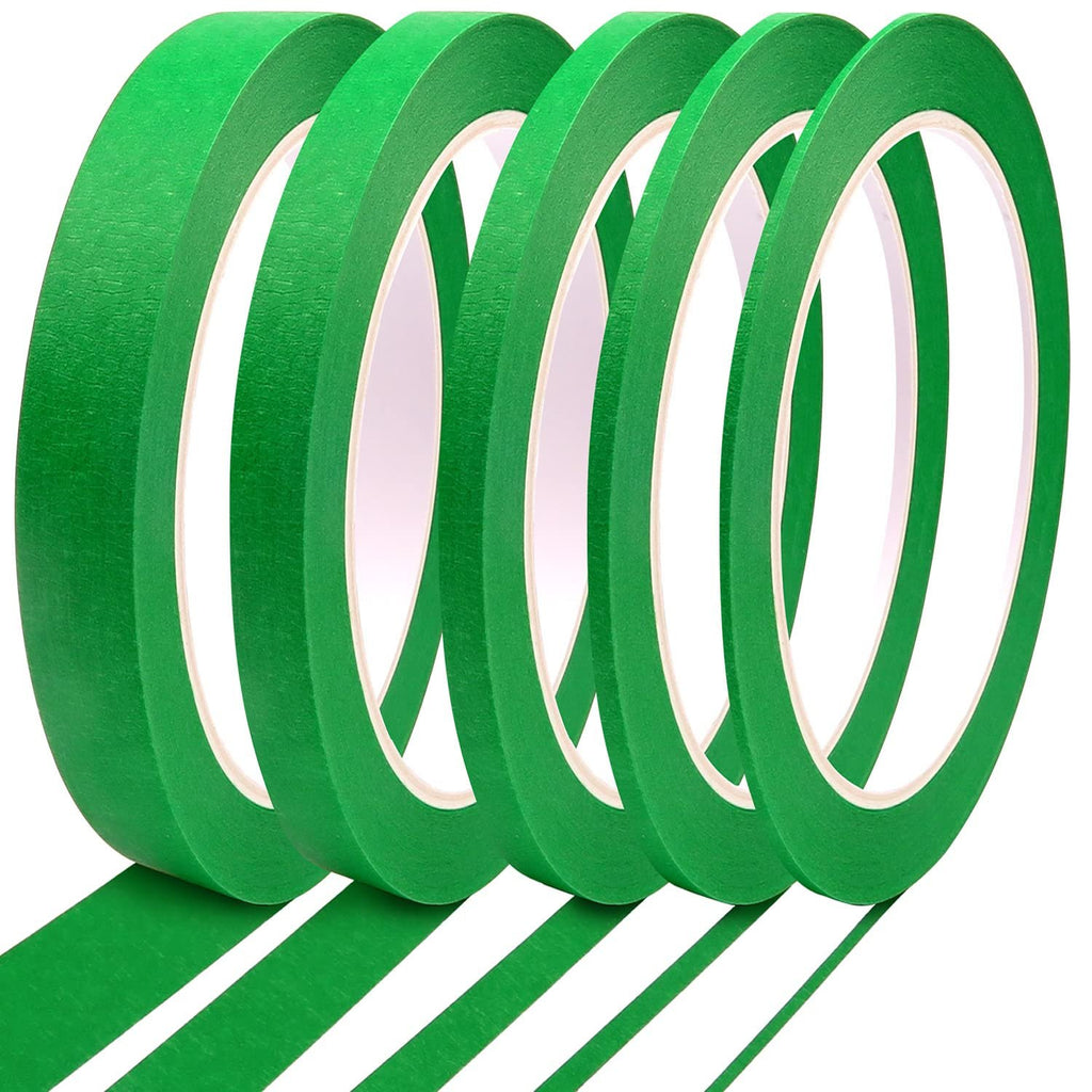 Five rolls of green pinstripe masking tape with tape unspooled on a white background.