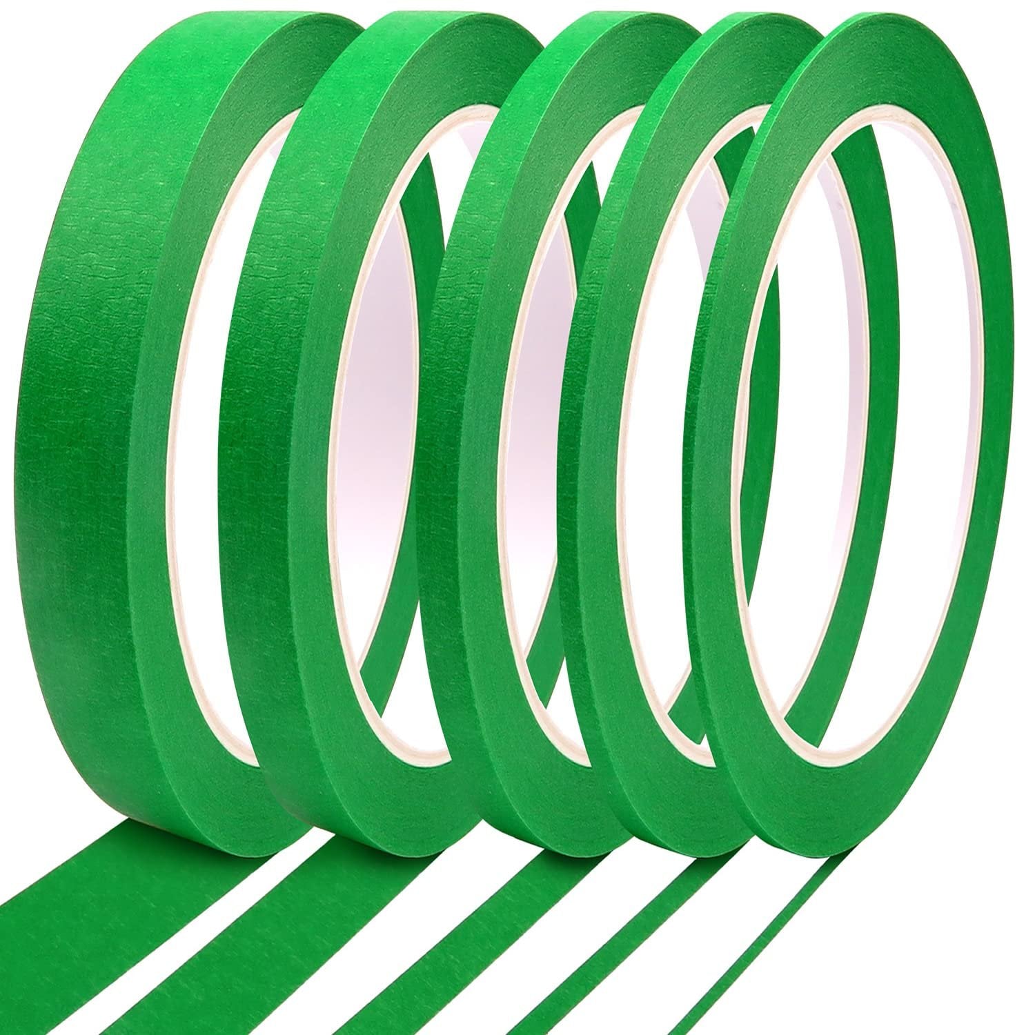 Five rolls of green pinstripe masking tape with tape unspooled on a white background.