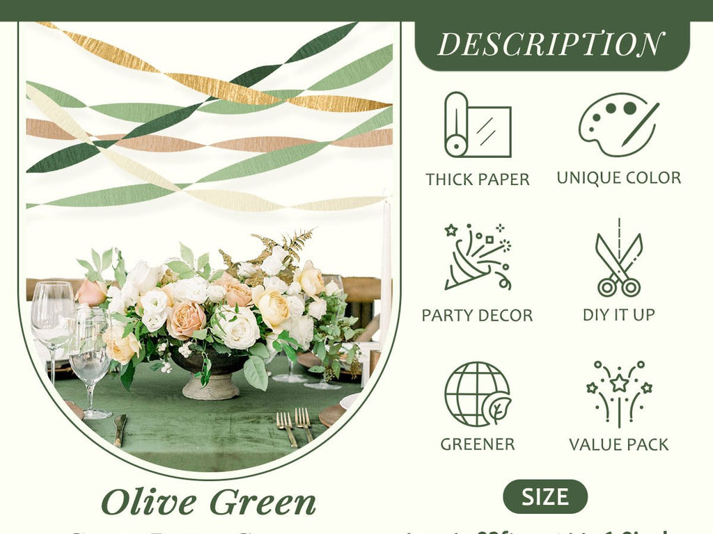 Table setting with floral centerpiece and streamers hanging above, description icons and text on the right.