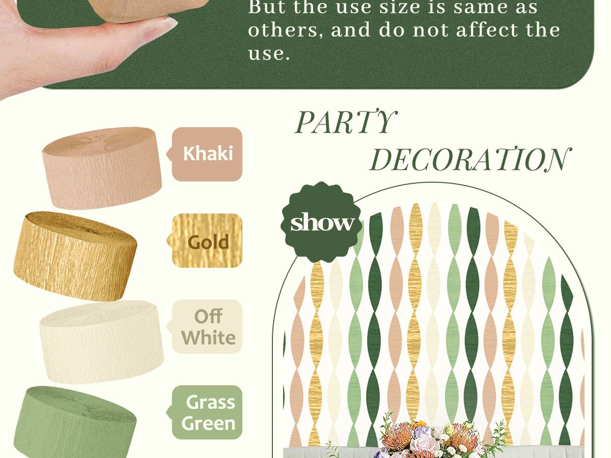 Five rolls of crepe paper streamers in khaki, gold, off-white, and grass green colors, with text overlays.
