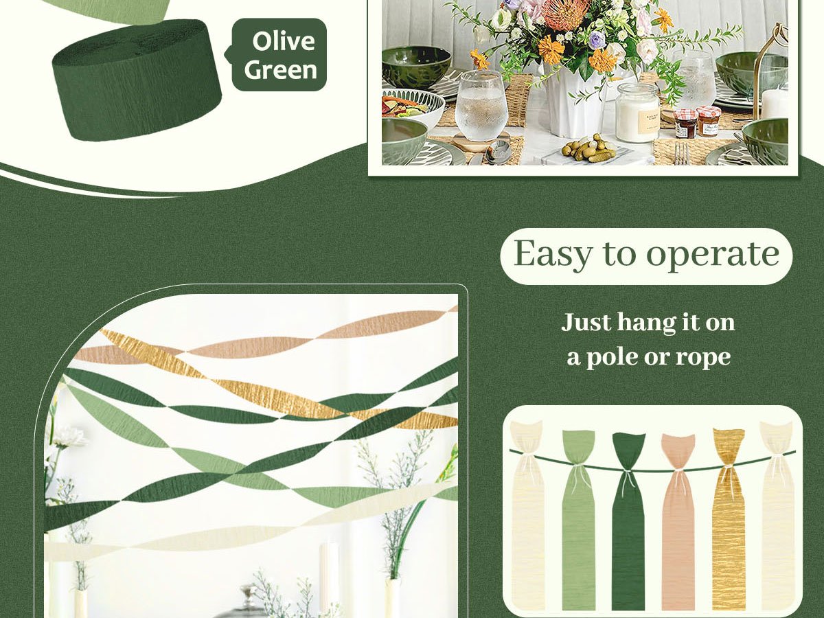 Roll of olive green crepe paper streamer and a table setting with floral arrangement