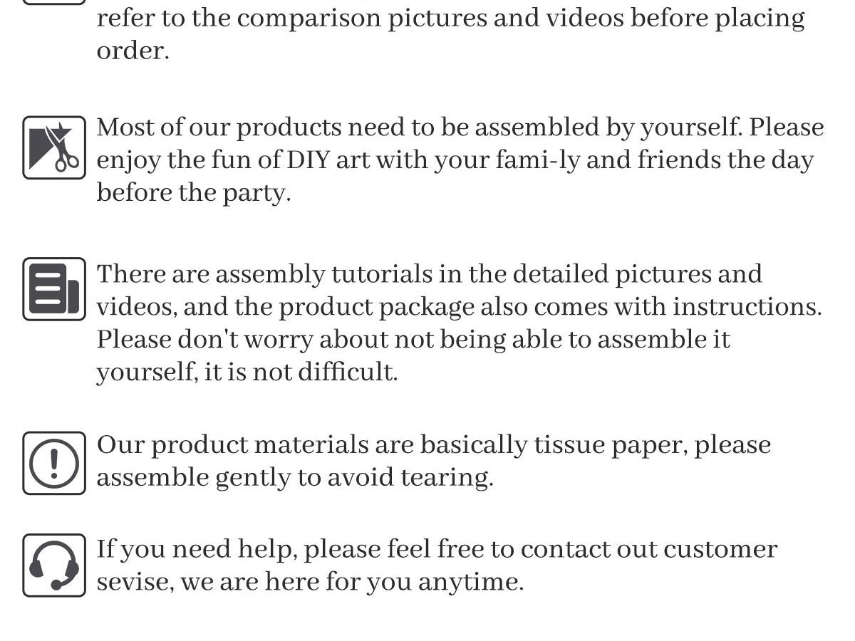 Information icons and text about product assembly, materials, and customer support.