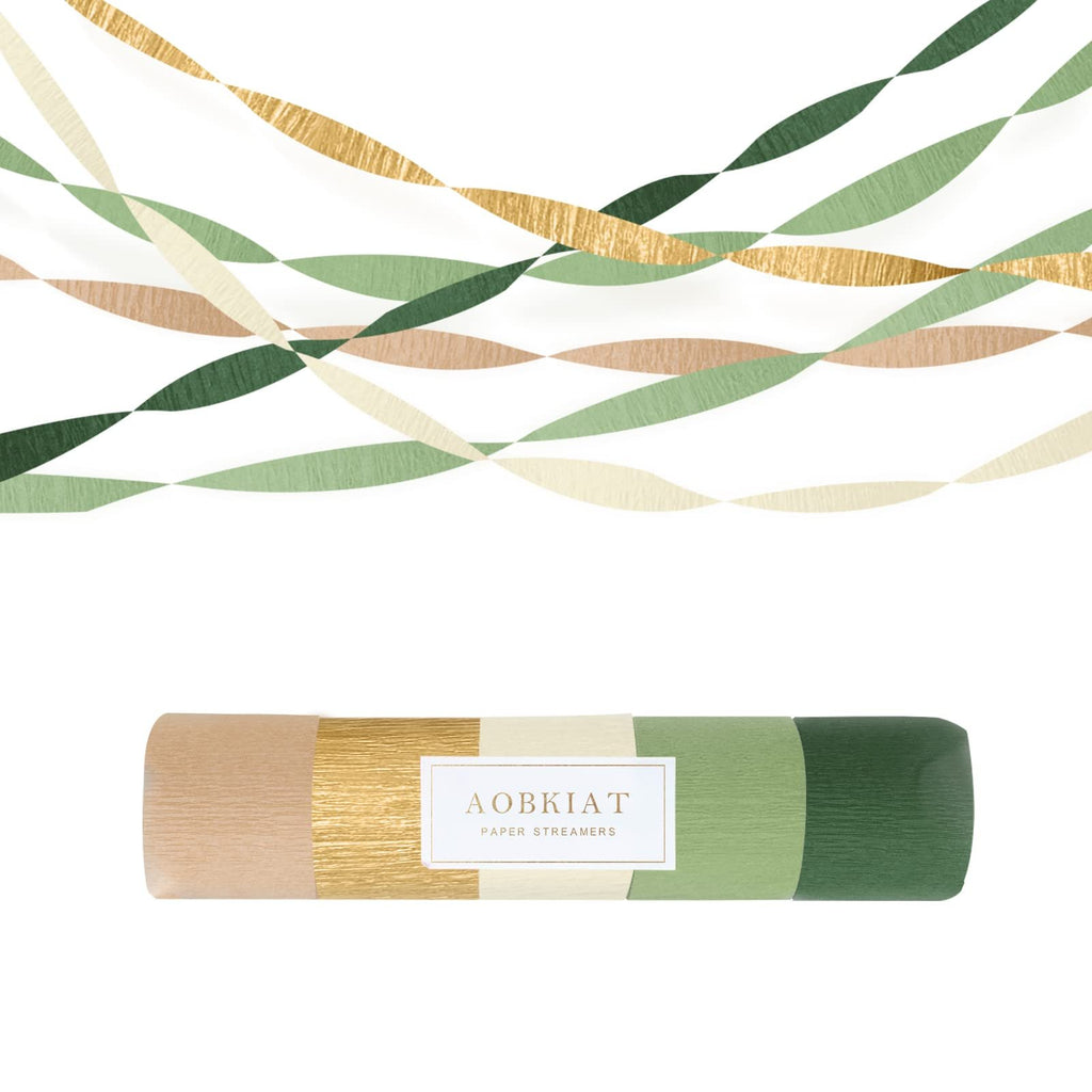 Roll of crepe paper streamers in olive green, khaki, and gold with a white label.
