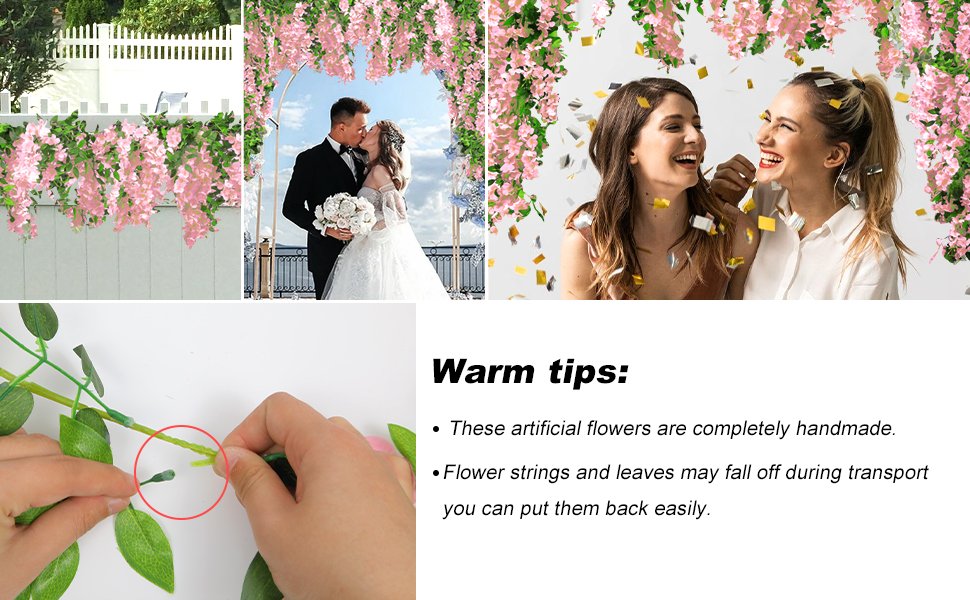 Collage of pink wisteria garlands used for decoration, including a wedding arch and a fence, with a close-up of a hand attaching a flower stem.