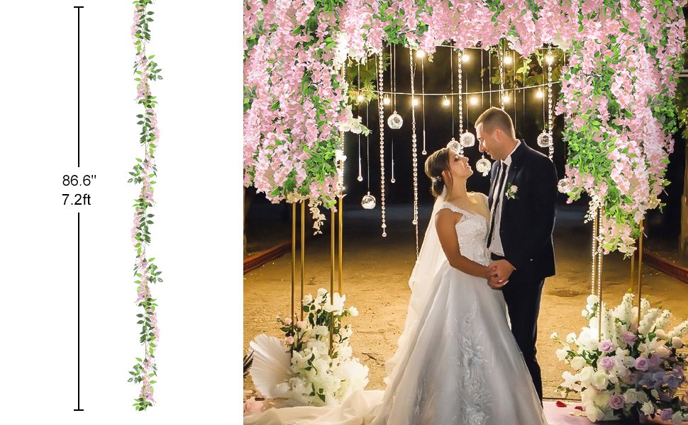 Pink wisteria garland draped over a wedding arch with a couple standing beneath it, with a separate image showing a single garland strand with dimensions.