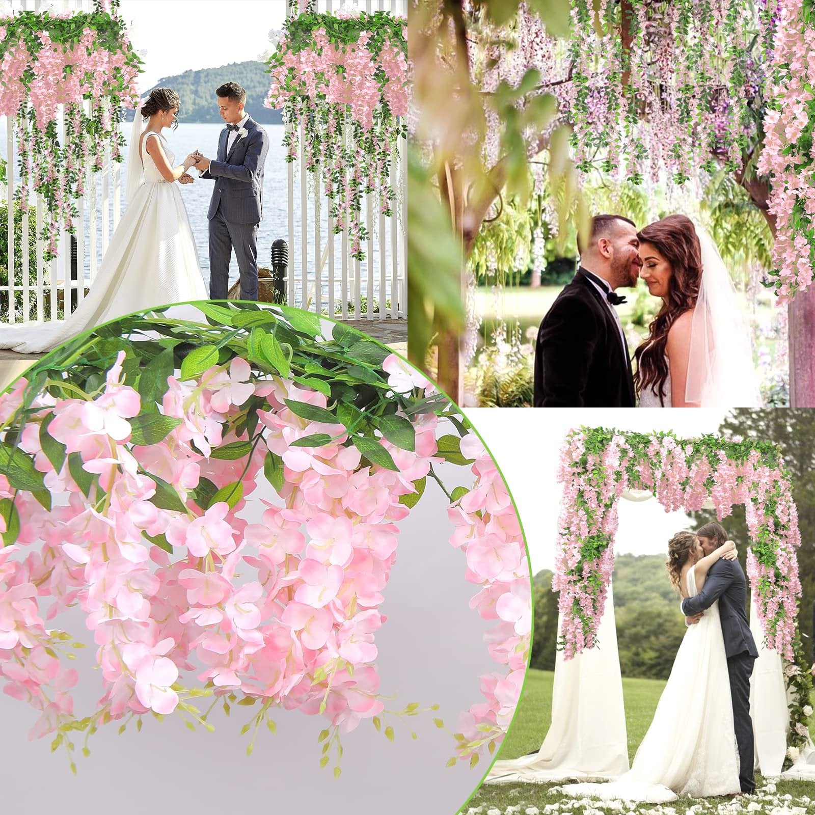 Pink wisteria garlands draped over wedding scenes and a close-up of the flowers and leaves.