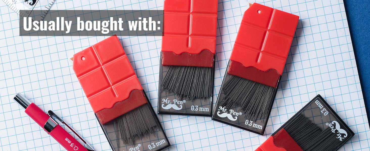 Four red mechanical pencil lead refill containers with brushes, and one red mechanical pencil on graph paper.