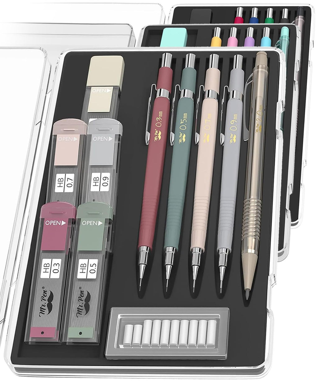 Set of five vintage mechanical pencils with various lead sizes and refills in a clear case.