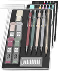 Set of five vintage mechanical pencils with various lead sizes and refills in a clear case.