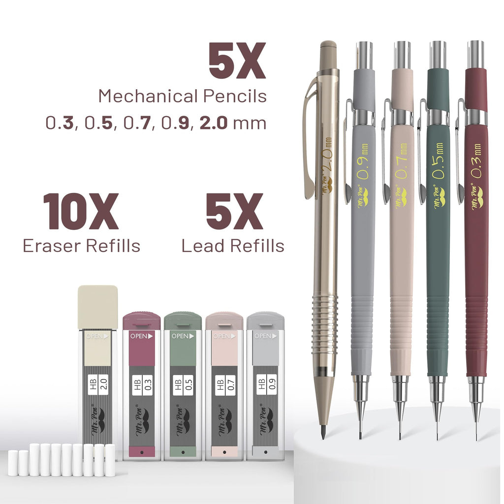 Set of five vintage mechanical pencils with various lead sizes, plus lead and eraser refills, displayed on a white background.