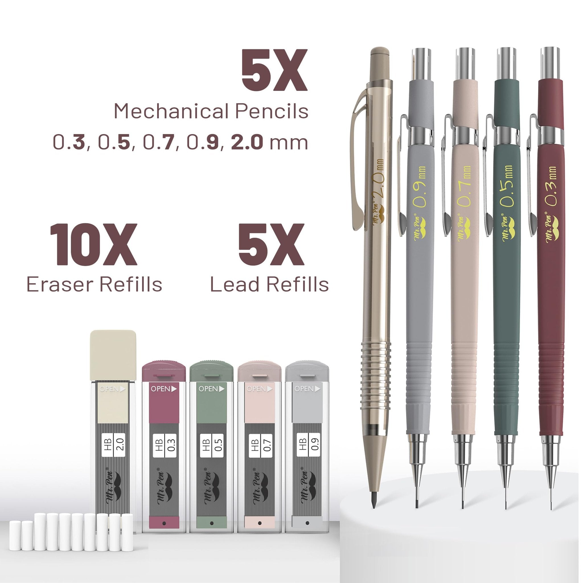 Set of five vintage mechanical pencils with various lead sizes, plus lead and eraser refills, displayed on a white background.