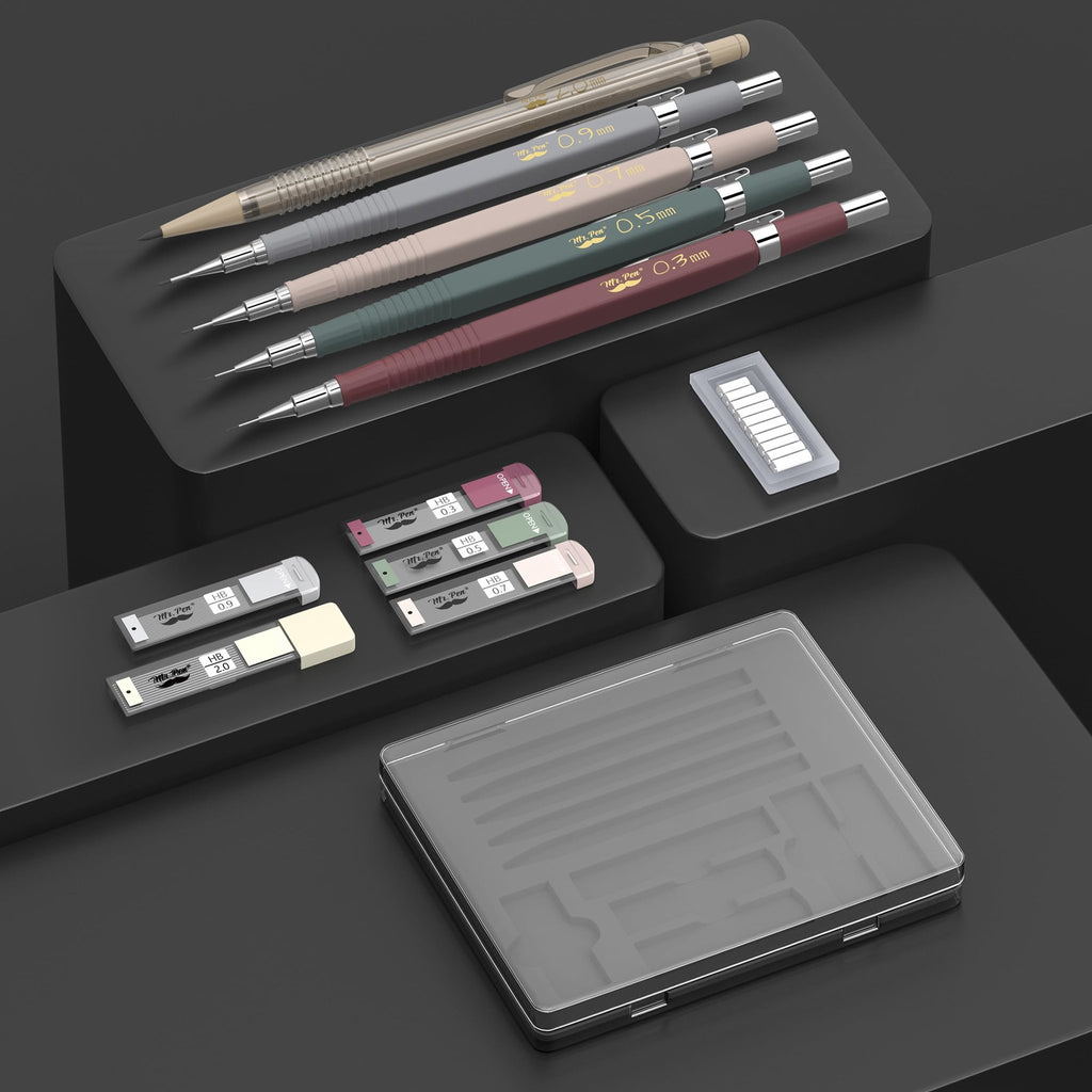 Set of five vintage mechanical pencils in various colors with different lead sizes, plus lead and eraser refills, displayed on dark platforms.
