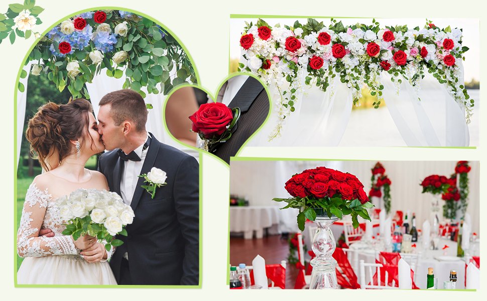 Wedding couple kissing with white bouquet, floral arch, and reception table decor featuring red roses.