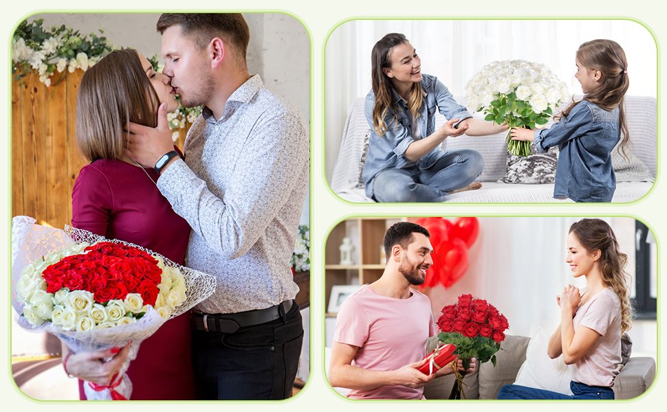 Couple kissing with a large bouquet of red and white roses; woman and child with white roses; man giving roses and gift to woman