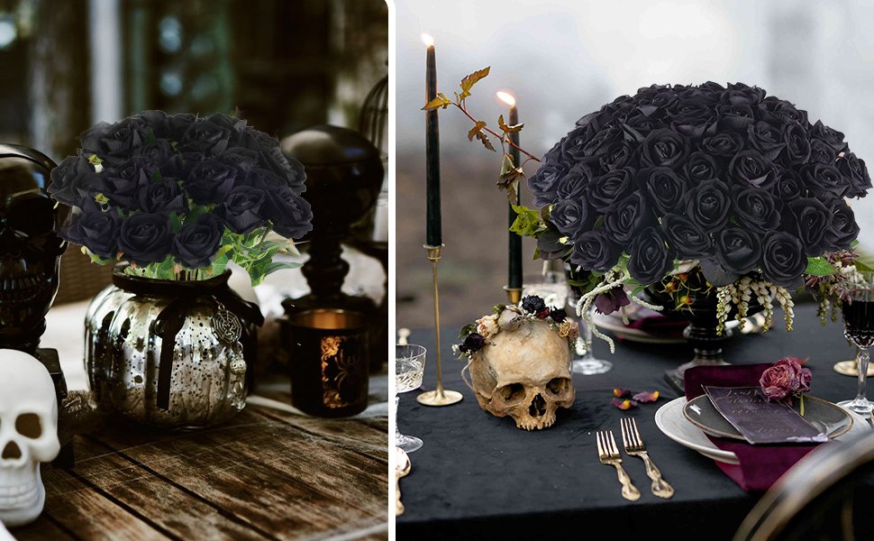 Two arrangements of black artificial roses on dark, gothic-themed tablescapes with skulls and candles.