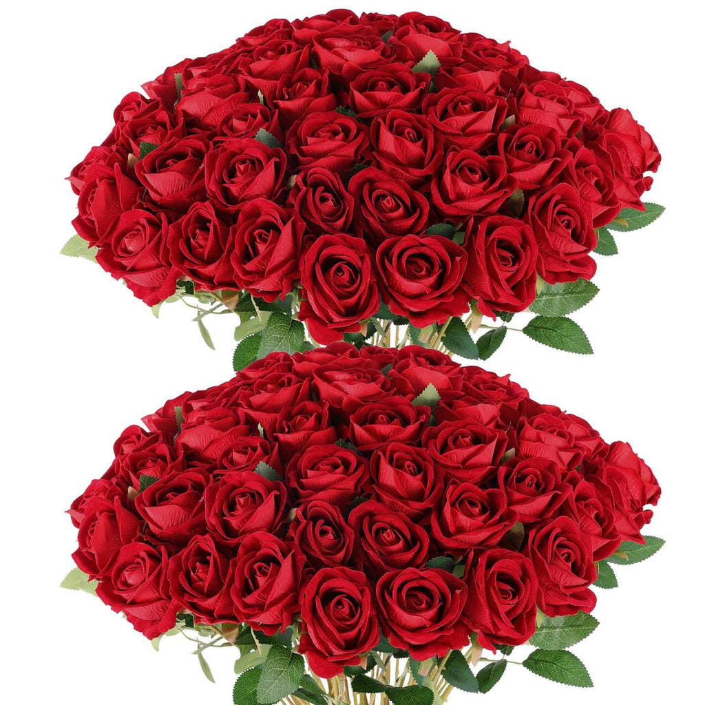Two bouquets of 50 artificial burgundy roses with green leaves, presented against a white background.