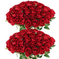 Two bouquets of 50 artificial burgundy roses with green leaves, presented against a white background.