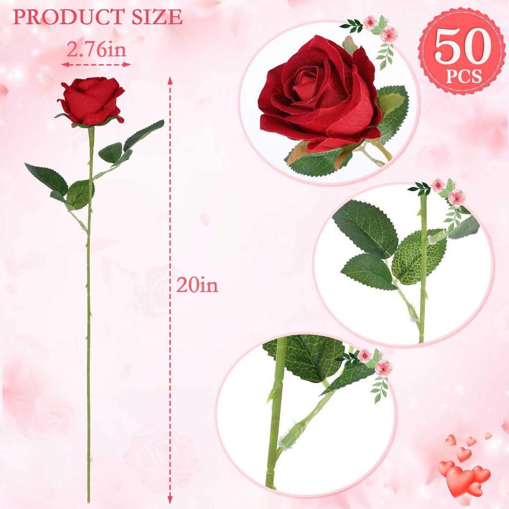Single red artificial rose stem with detailed close-ups of the bloom and leaves, showing product dimensions.