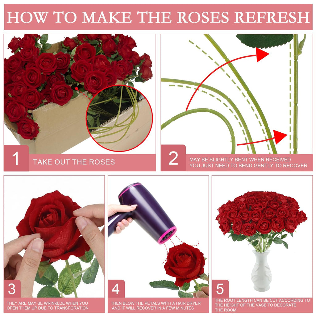 Collage showing how to refresh artificial burgundy roses, including unpacking, bending stems, using a hairdryer, and arranging in a vase.