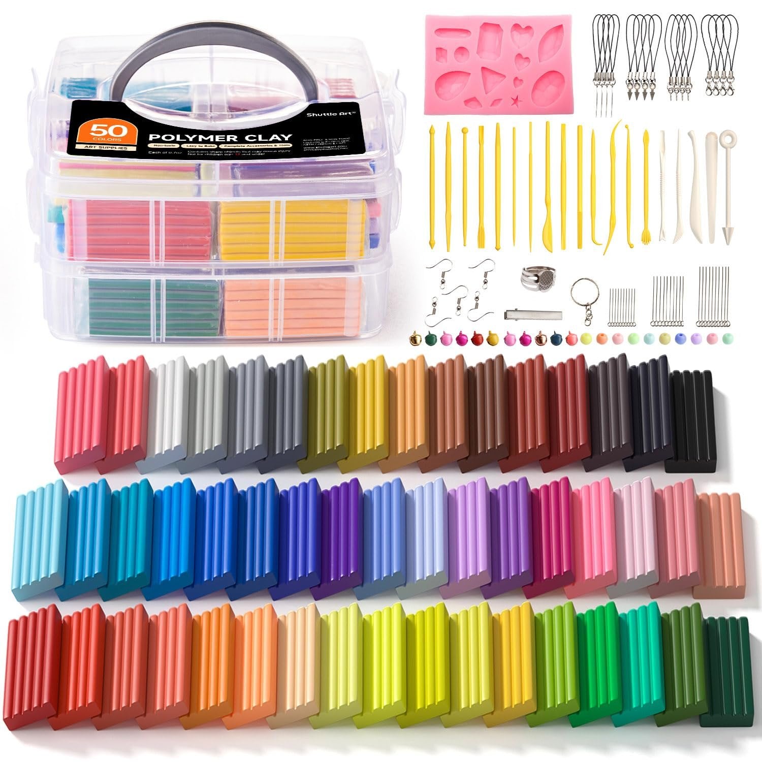 50-color polymer clay kit with sculpting tools, accessories, and silicone mold, arranged in a clear case and rows of clay sticks.