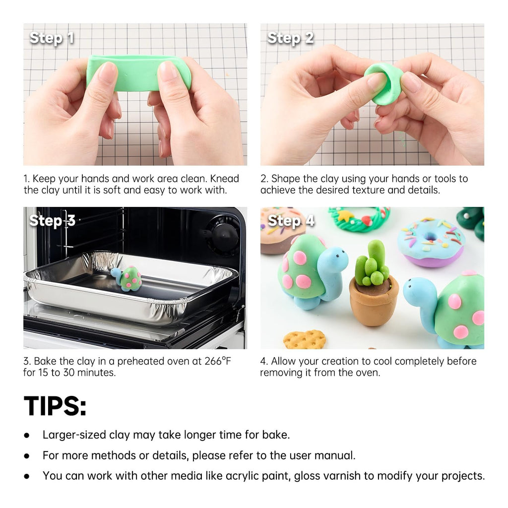 Instructions for using polymer clay, showing kneading, shaping, baking, and cooling steps, with tips.