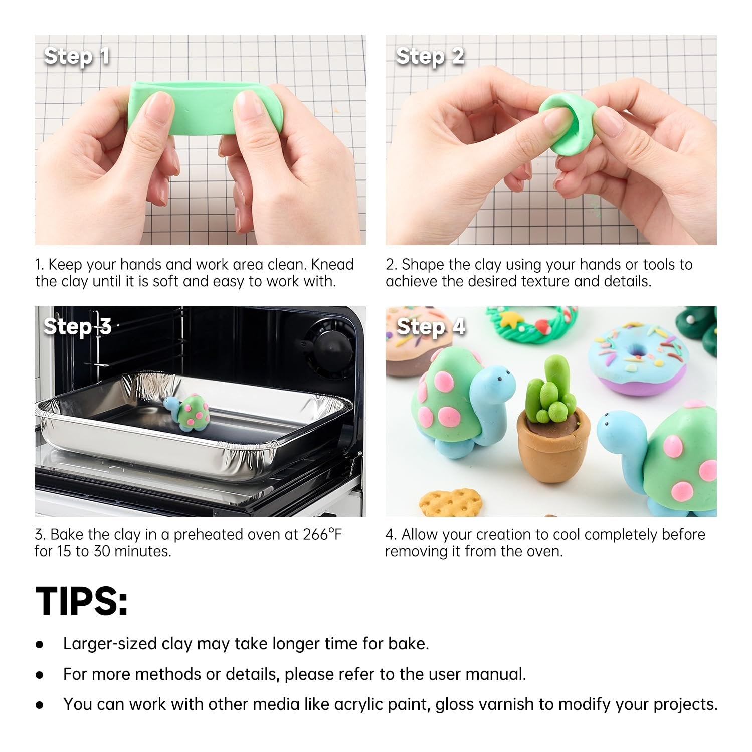 Instructions for using polymer clay, showing kneading, shaping, baking, and cooling steps, with tips.