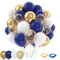 Cluster of navy blue, gold, and white balloons with gold confetti, plus two rolls of ribbon.