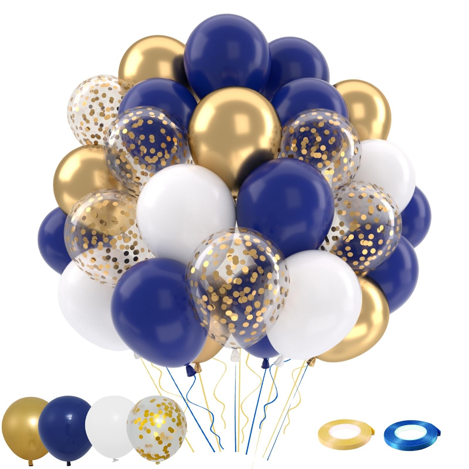 Cluster of navy blue, gold, and white balloons with gold confetti, plus two rolls of ribbon.