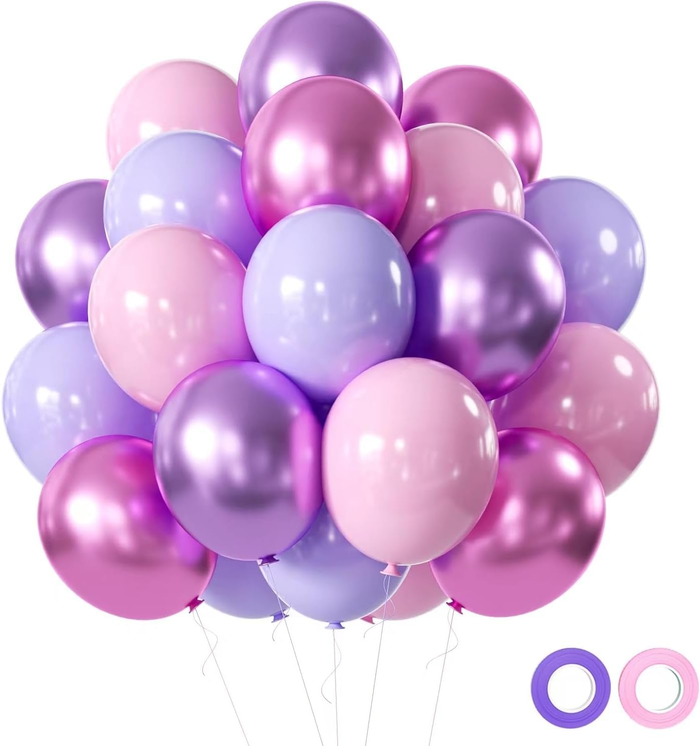 Cluster of pink and purple latex balloons with metallic finish, shown with two rolls of ribbon on a white background.