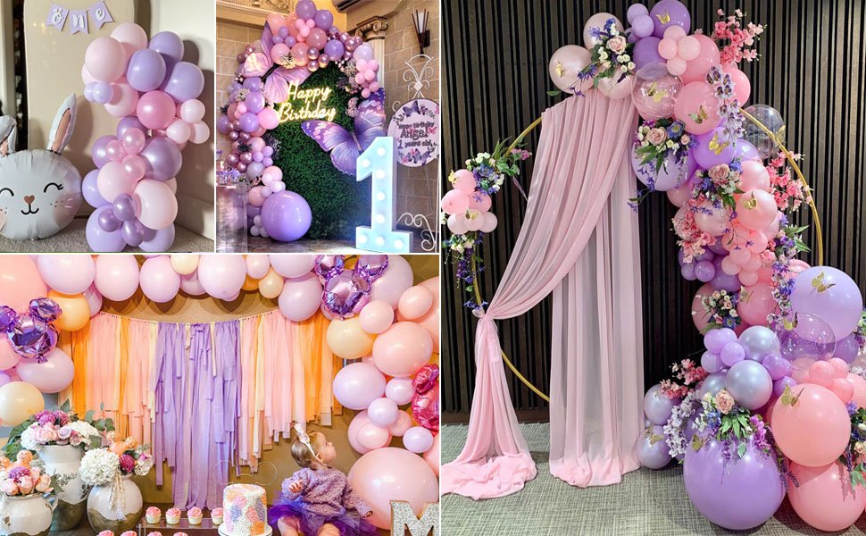 Collage of party decor featuring balloon arrangements in pink and purple, a bunny balloon, and a birthday backdrop.