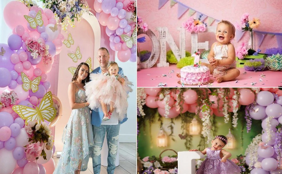 Collage of party scenes: family with balloons, baby's first birthday cake smash, and a baby girl in a purple dress with balloons.