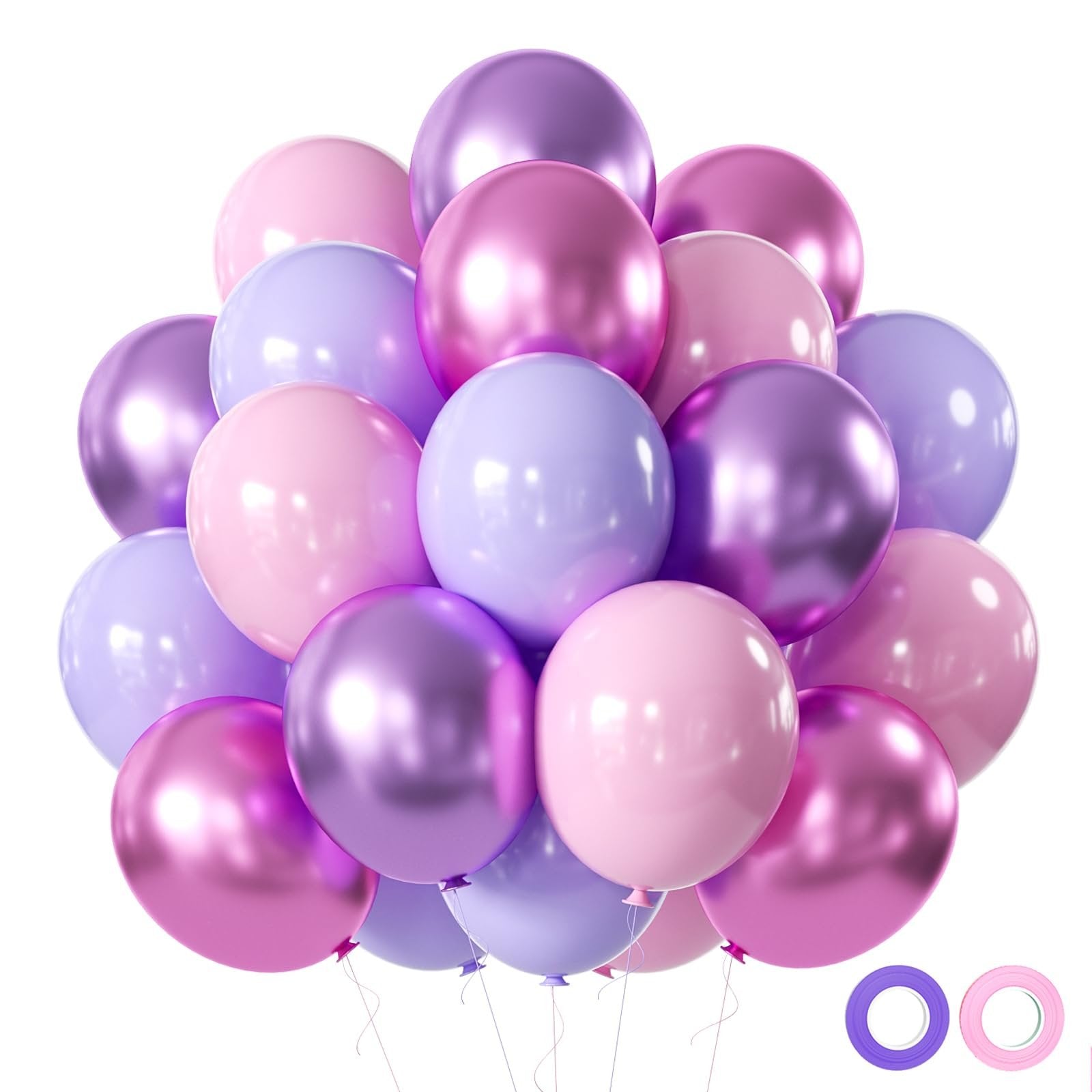 Pile of pink and purple latex balloons with metallic finish, two rolls of ribbon at the bottom right.