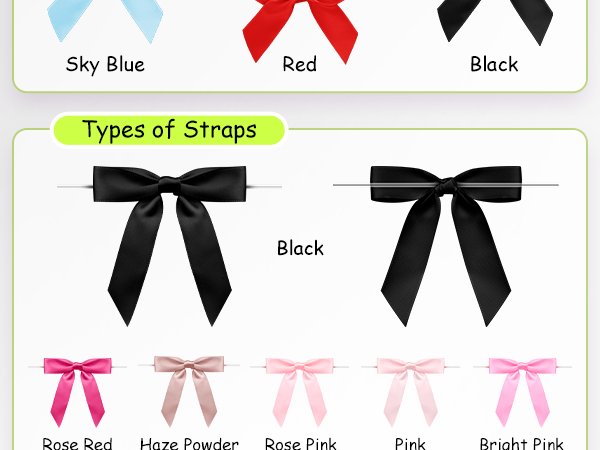 Various satin twist tie bows in different colors including black, red, sky blue, rose red, haze powder, rose pink, pink, and bright pink.
