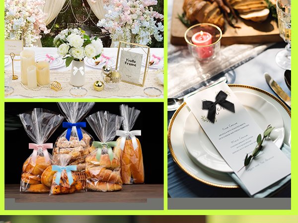 Collage of table settings and baked goods decorated with satin bows. Includes a wedding reception table, a place setting with a menu, and bags of bread and pastries tied with bows.