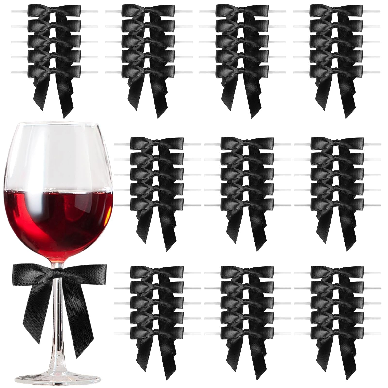 Black satin twist tie bows arranged in rows next to a wine glass filled with red liquid