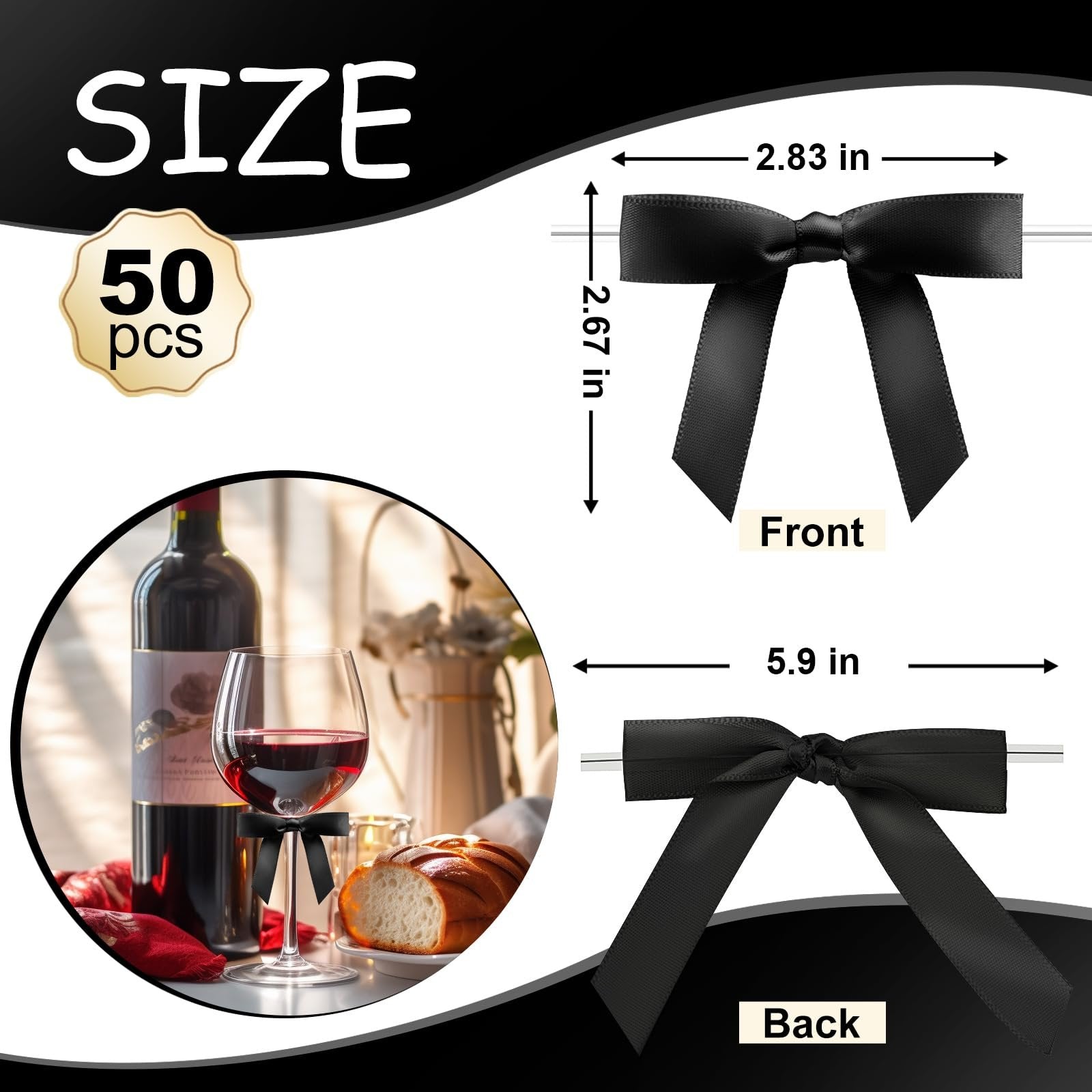 Black satin twist tie bows shown with dimensions and a lifestyle image of a bow on a wine glass.