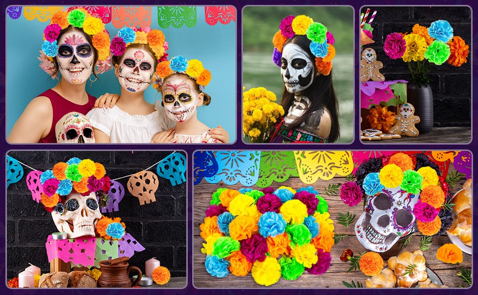 Collage of Day of the Dead themed decorations featuring artificial marigold flower heads and sugar skulls