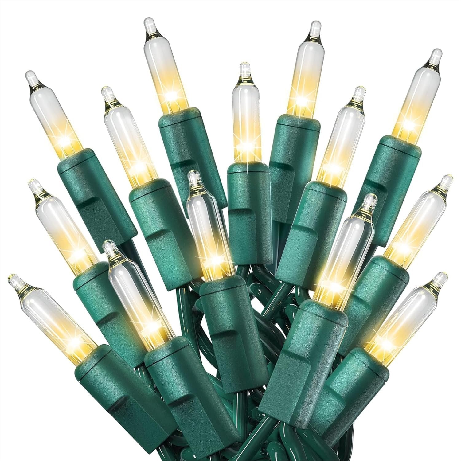 Close-up of a bunch of warm white Christmas lights with green wire on a white background.