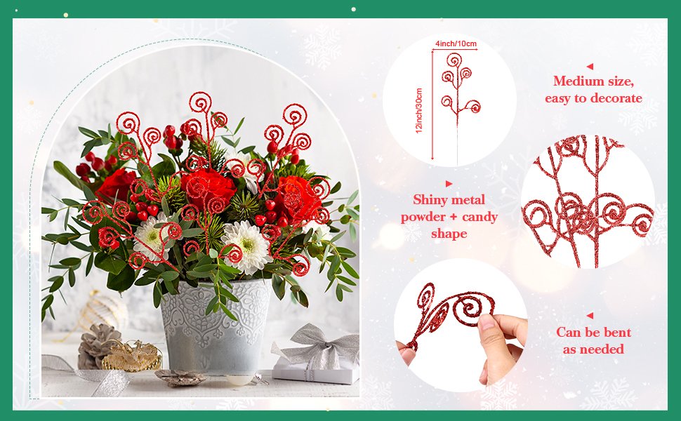 Red glitter curly tree picks arranged in a floral bouquet with roses and white flowers, with detail shots of the picks and dimensions.