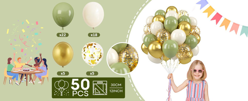 Sage green, gold, and white balloons with confetti, held by a child, with a party scene and count details.