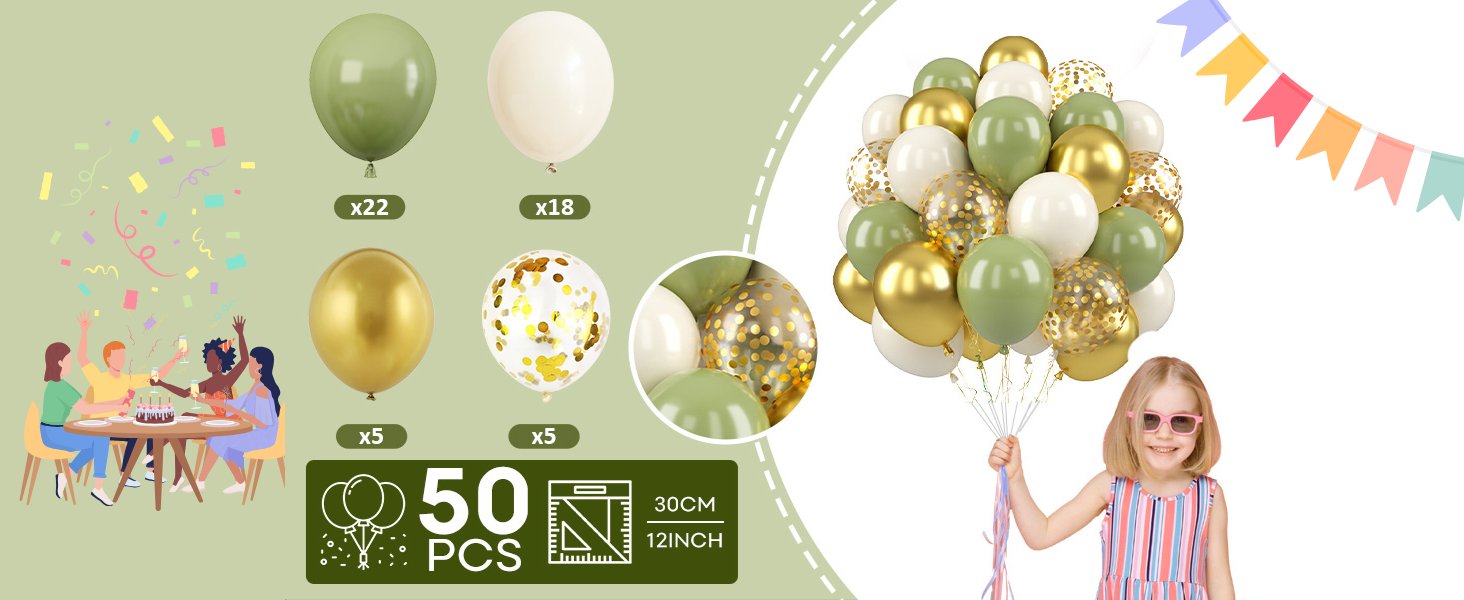 Sage green, gold, and white balloons with confetti, held by a child, with a party scene and count details.