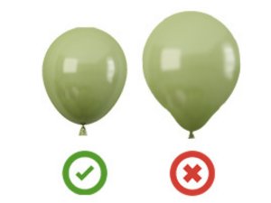 Two sage green balloons, one correctly inflated with a checkmark, one incorrectly inflated with a cross mark.