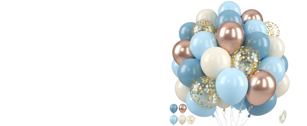 Cluster of sage green, gold confetti, rose gold, and cream balloons on a white background with a small roll of tape.