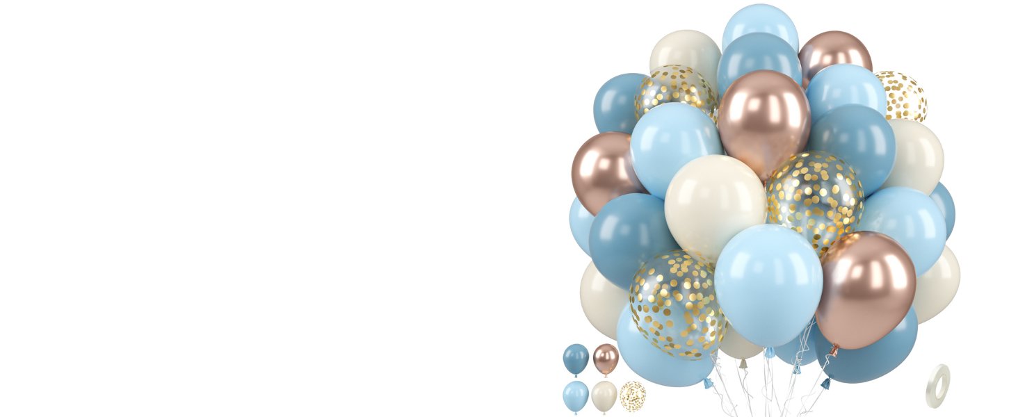 Cluster of sage green, gold confetti, rose gold, and cream balloons on a white background with a small roll of tape.