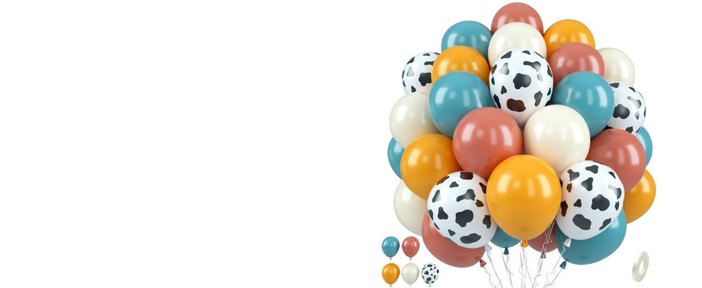 Bunch of assorted latex balloons in sage green, gold, cream, rust, and cow print patterns, with ribbon and tape.