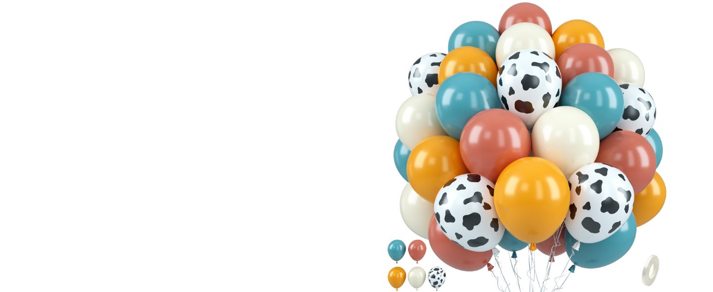 Bunch of assorted latex balloons in sage green, gold, cream, rust, and cow print patterns, with ribbon and tape.
