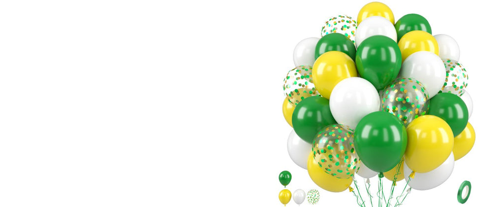 Bunch of green, yellow, and white latex balloons with gold confetti, on a white background.